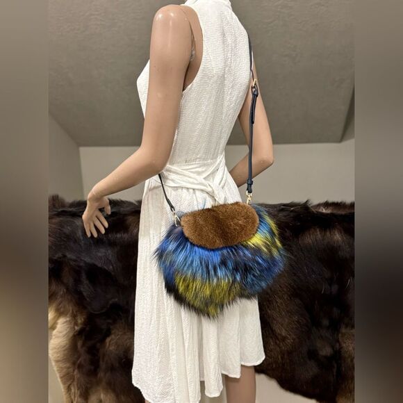 Unique Colorful Real Mink Fur with Finn Raccoon Fur Bag Includes 2 Strap Styles - Picture 7 of 17